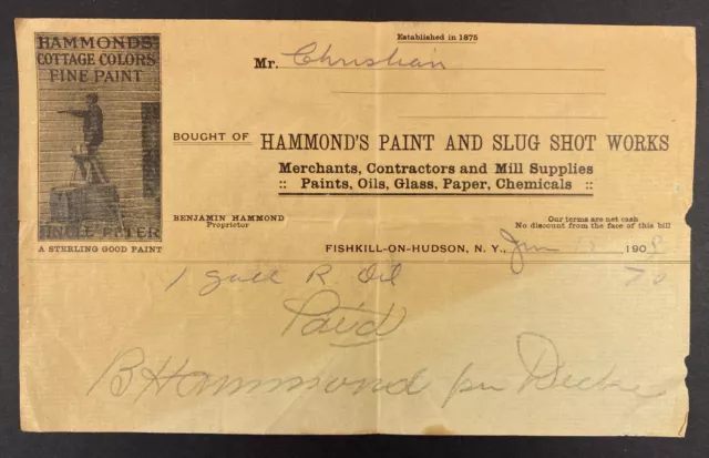 1909 Hammond's Paint and Slug Shot Works Receipt - Fishkill-On-Hudson, NY