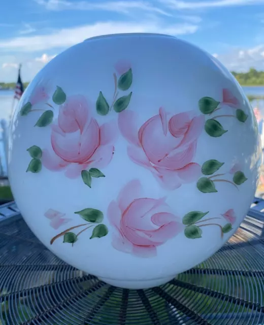 Vintage Round 9" White Milk Glass Globe Shade with Pink Roses in Ex Cd 4" fitter