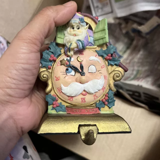 Vintage Heritage Santa Claus Sun & Moon Clock Face Hand Painted Stocking Holder