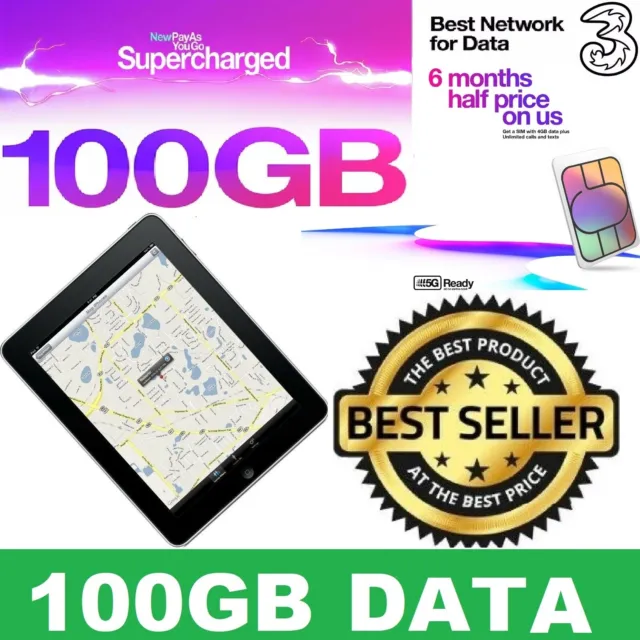 100GB Data (6 Months Internet) Three Mobile broadband for Mobiles MiFi iPad PS4