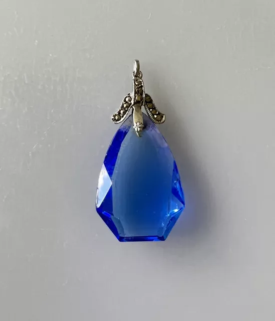 Antique Art Deco 935 Silver Deep Blue Paste Crystal Stunning Pendant 1.35"