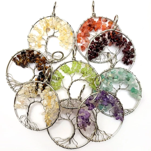 Tree of Life Pendant Natural Gemstone Silver  Wire Wrapped Dream Tierracast 50mm