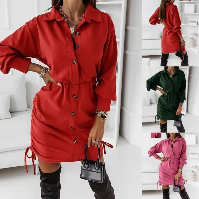 Women Solid Turn Down Collar Solid Long Sleeve Shirt Dress Lace Up Pleated Dress