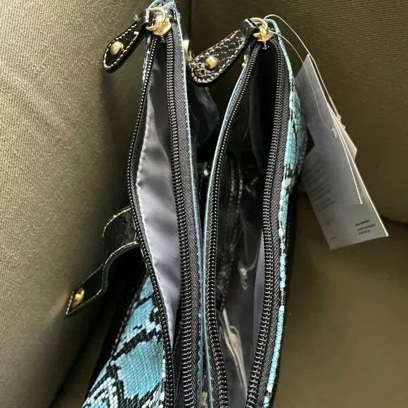 Samantha Brown Embossed  Snake Print 3 Compartment Organizer BLUE/BLACK nwt 9