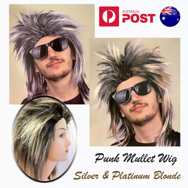 Mens Long Spiky Mullet Wig Silver Blonde Rock Punk 80s 70s Party Costume Cosplay