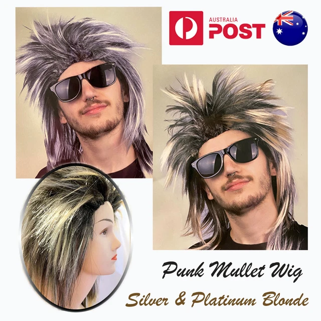 Mens Long Spiky Mullet Wig Silver Blonde Rock Punk 80s 70s Party Costume Cosplay