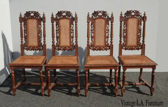 Set of Four Vintage Spanish Revival Ornate Carved Cane Dining Accent Chairs Asis