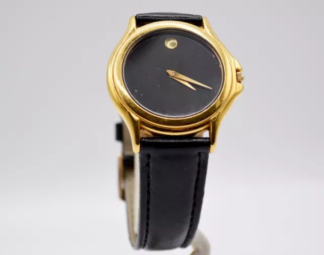 Vintage 1970s MOVADO Museum Classic Black Dial Men's Gold Slim Leather Watch