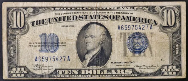 1934 $10 Blue Seal Ten Dollars Silver Certificate Note AA Block A65975427A