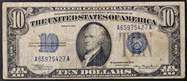 1934 $10 Blue Seal Ten Dollars Silver Certificate Note AA Block A65975427A