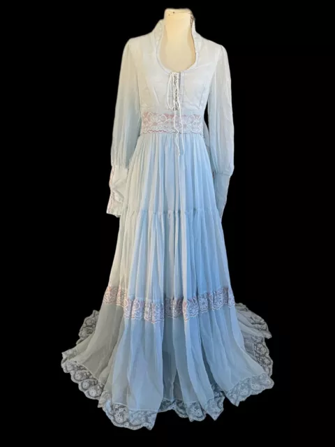 Vintage Gunne Sax Blue Lace Prairie Boho Cottage Core Corset Lace 70’s Dress