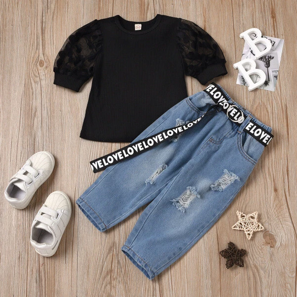 Completo Bimba bambina Maglia t shirt nero pantaloni lunghi jeans denim  B076
