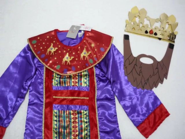 Christmas Nativity KING Robe Crown Beard Fancy Dressing Up Costume Outfit 7-8