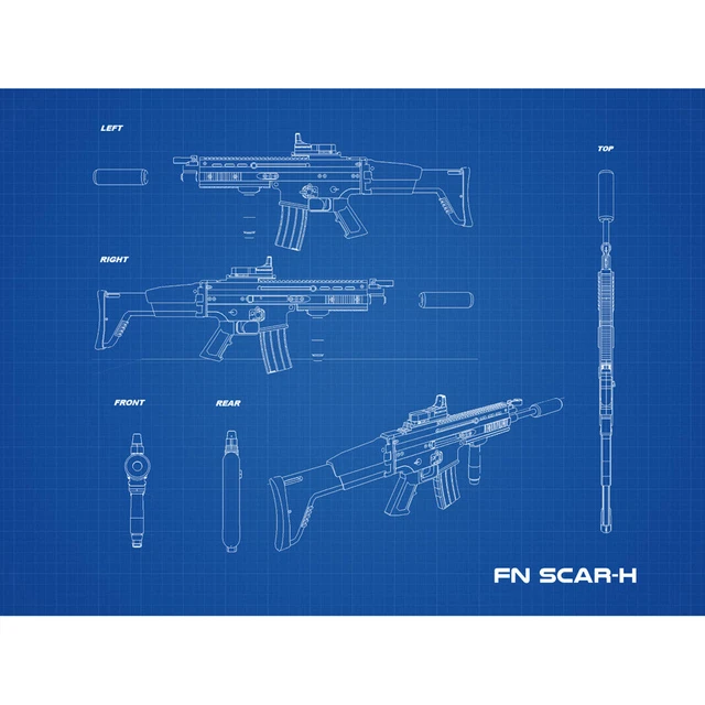 FN SCARH MACHINE Gun Assault Rifle Blueprint Plan Canvas Wall Art