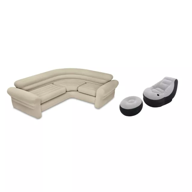 Intex Inflatable Corner Living Room Neutral Sectional Sofa & Lounge Chair Set