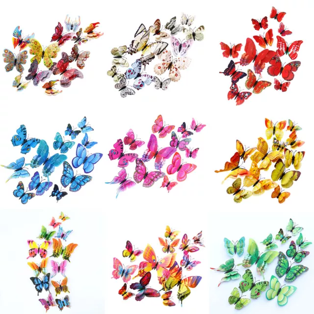 12PCS Dual-Wing 3D Butterfly Wall Stickers Magnet Art Decor Home Bedroom Decals