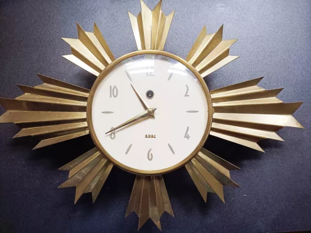 Vintage 8 Day Starburst/Sunburst Brass Wall Clock Working Order