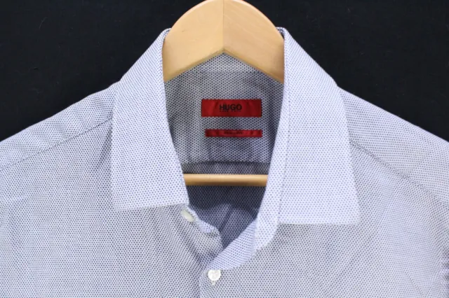 Hugo Boss Mens Size 16.5 Sharp Fit Blue Geometric Cotton Long Sleeve Dress Shirt