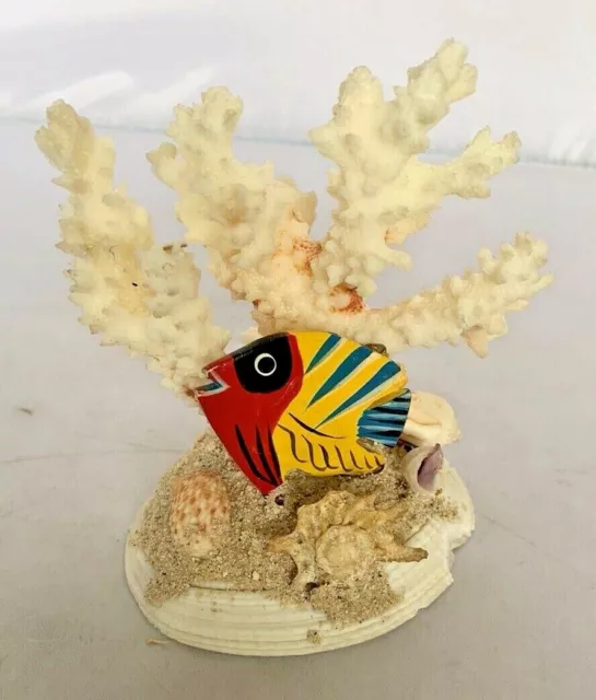 Carved Wood Painted Tropical Fish Mounted on Coral Nature Ocean Sea Decor Shells