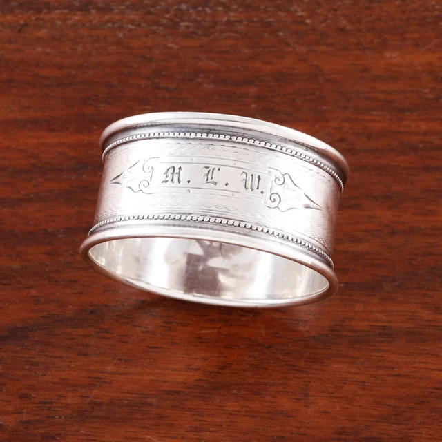 American Coin Silver Napkin Ring Engine Turned, Beaded Borders Monogram Mlw
