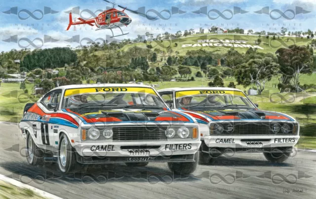 Allan Moffat Colin Bond 1977 1st 2nd place Bathurst Ford XC Falcon flag/banner