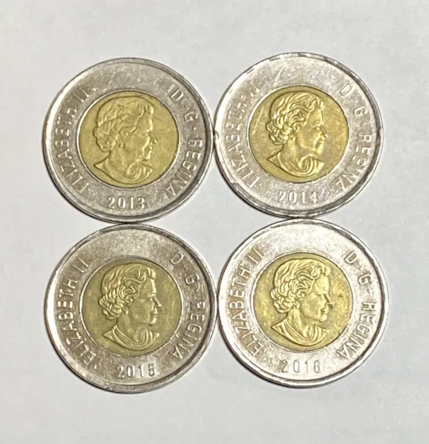 Four (4) Different Canadian $2 Toonie Coins, Circulated Condition, 2013-2016