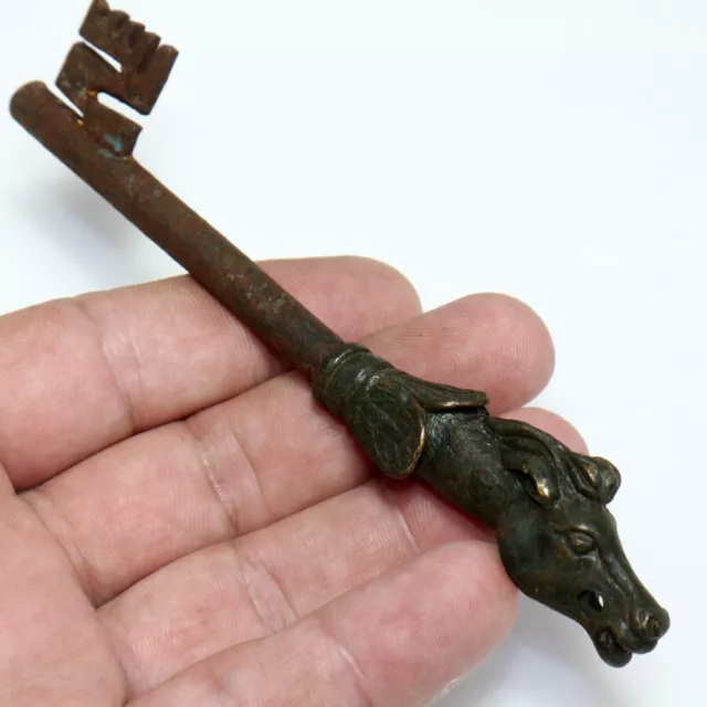 Ancient Roman bronze & iron long key decorated with a horse head ca 300-400 AD