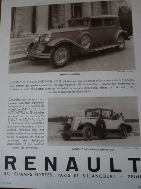 RENAULT NERVASTELLA GP MAROC REINASTELLA 70 publicité papier ILLUSTRATION 1930
