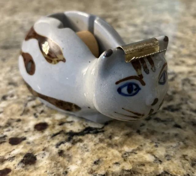 Vintage Cat Tape Dispenser Pottery Art Stoneware Figurine Gray Brown Accents