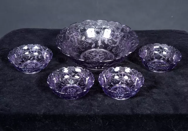 Vintage Lavender Crystal Salad Set - 9” Serving Bowl & 4, 5” Dessert/ Soup Bowls