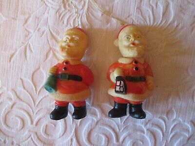 2 Vintage Soft Plastic or Rubber Santa Claus Marked "S" Made in Japan 4" TALL