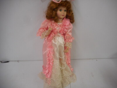 Vintage Unbranded Porcelain Doll Red Hair Green Eyes Pink And White Dress