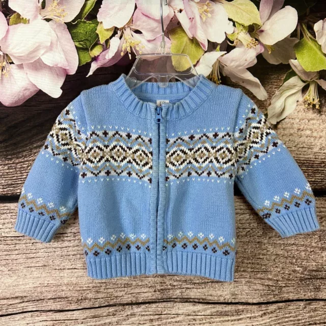 Gap Newborn Boys Blue Knit Fair Isle Full Zip Up Sweater Cardigan 3-6 Months