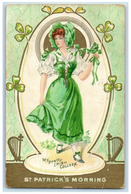 1910 St. Patrick's Day Pretty Woman Irish Colleen Holding Shamrock Postcard