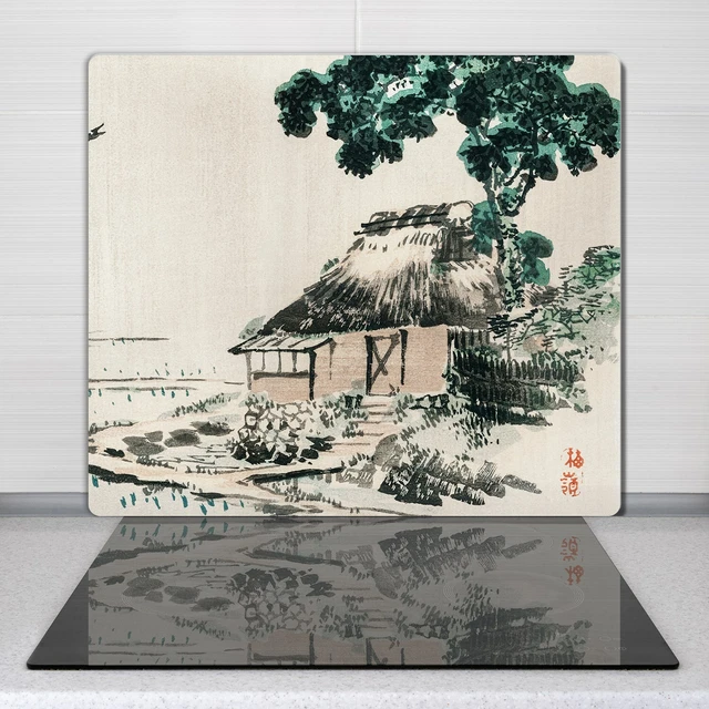 Planche à Découper En Verre Trempé 80x52 Cm - Motif Peinture Asiatique 'Hutte Maison Bairei Gakan' - Neuf