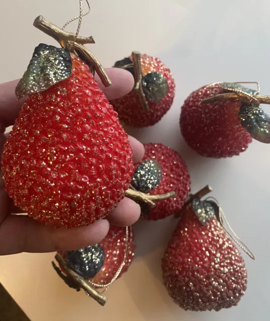 Sugared Beaded Fruit Ornaments Red Pears w Gold Glitter Christmas Decor Lot of 6