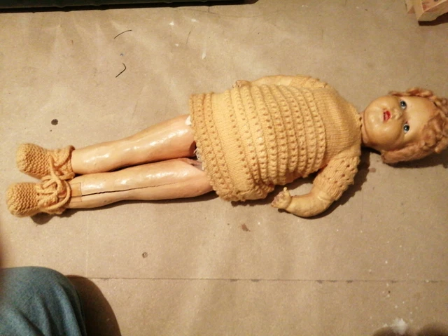 Rare Poupée Ancienne En Carton Bouilli – Jouet Mécanique Vintage Bois