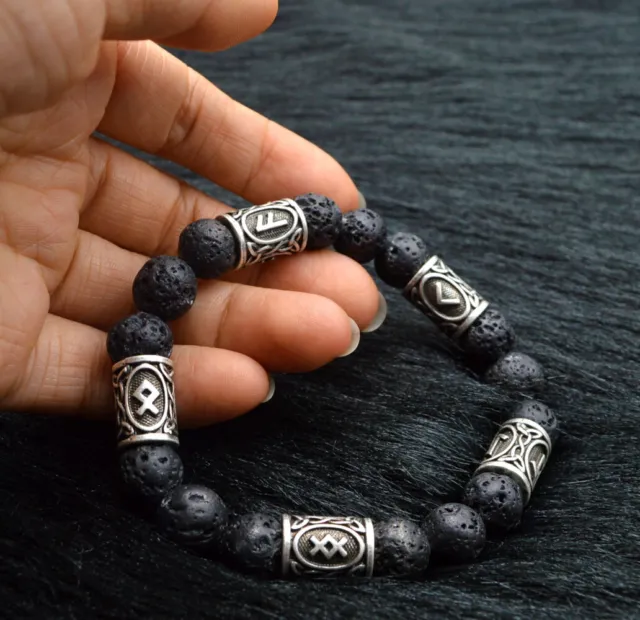 Silver Norse Viking Rune Spacer Charms Lava Stone Beads Bracelet Cuff Jewelry