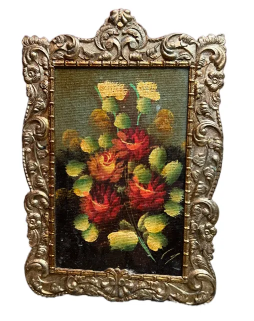 Ornate Brass Victorian Art Gilt Frame Signed Flower Oil Painting Slate Mini 3x5