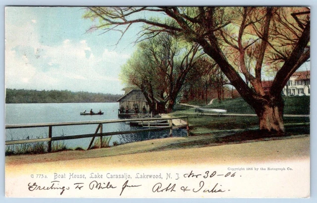 1905 Lakewood New Jersey Nj Lake Carasaljo Boat House Rotograph Antique Postcard