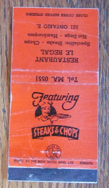 1940s CANADIAN TAX STAMP MATCHBOOK COVER: LE REGAL RESTAURANT MONTREAL, QC -D30