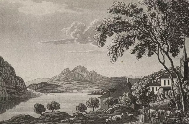 WEGGIS - Ansicht mit Berg Pilatus - Aquatinta um 1820