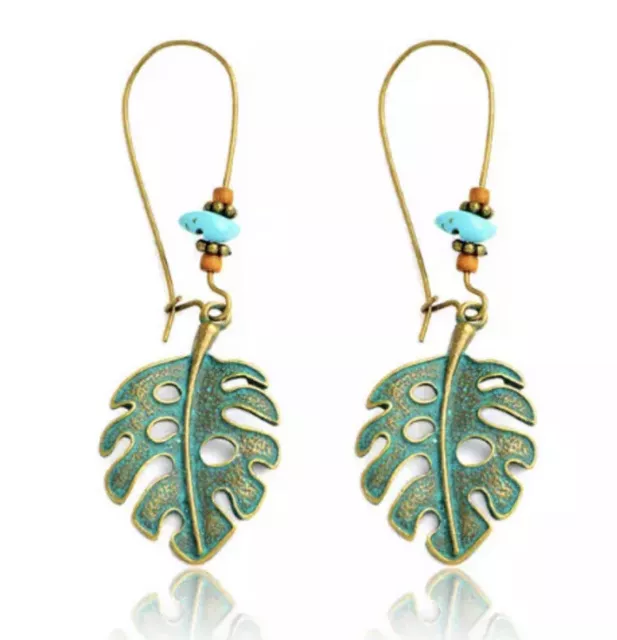 Boho Dangle Drop Vintage Hippie Gypsy Ethnic Earrings Leaf + Gift Pouch