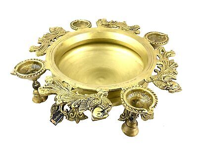 Brass Peacock Design Urli Bowl with 4 Diyas Lamps Showpiece Home Decor Gift Item