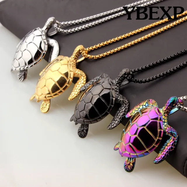 Men's New Sea Turtle Pendant  Stainless Steel  Necklace Chain Colorful Jewelry