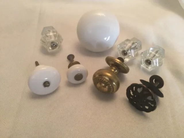 Vintage Drawer Door Knobs Porcelain  Glass  Brass lot of 8 Knobs Hardware