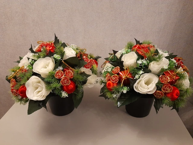 2 x Artificial Flower Christmas Grave/Cemetery Pots