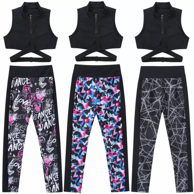 Kids Girls Dance Outfit Sports Crop Top+Leggings Sets Gym Yoga Sports Dancewear