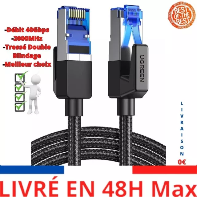 UGREEN Cat 8 Câble Ethernet Réseau RJ45 Super Débit 40Gbps 2000MHz Nylon Tressé