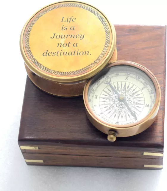 Brass Compass with Wood Box Engraved Antique Gift Direction Vintage Navigational